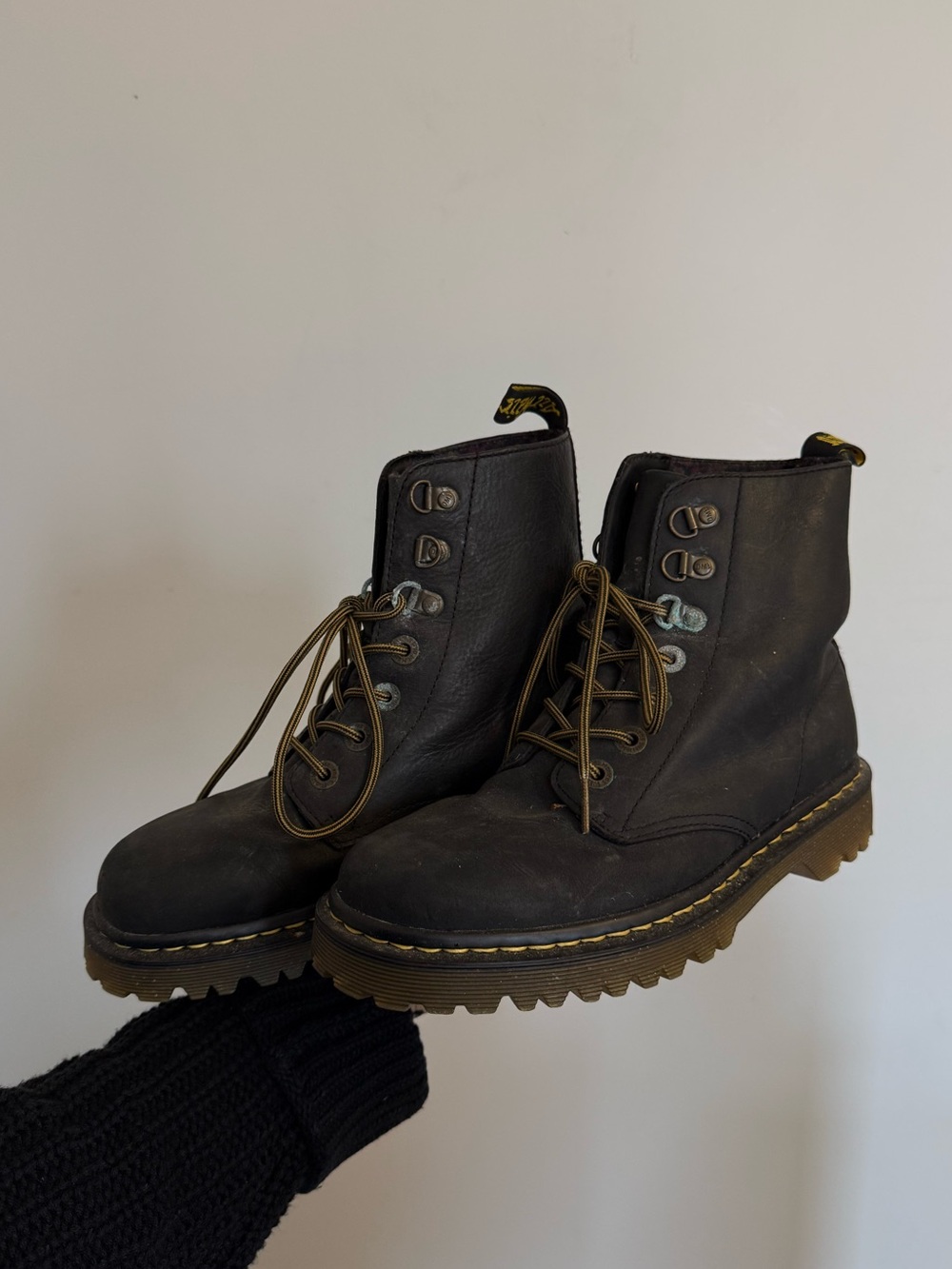 Dr. Martens Black Leather Lace-Up Combat Boots with Brown Lug Sole